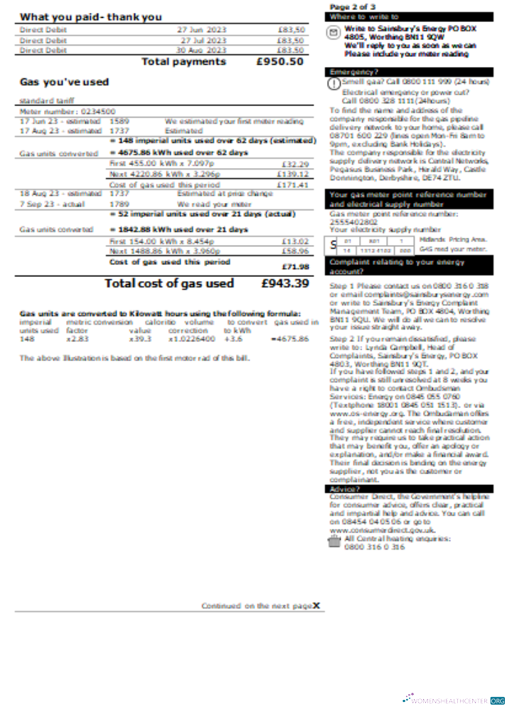 Download Sainsbury  Energy (British Gas) business utility bill, page 2. SCR Photoshop template